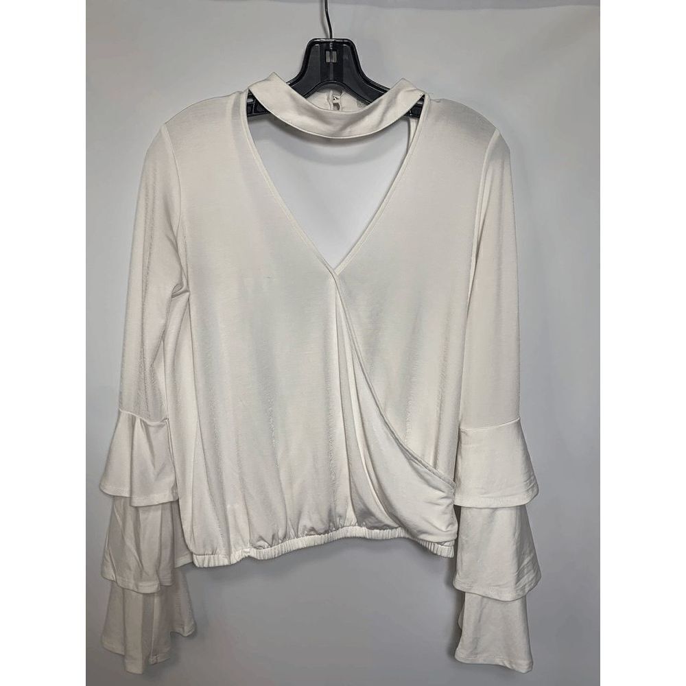 Gianni Bini Women's Open Back Faux Wrap Tiered Ball Sleeve Blouse White Size XL